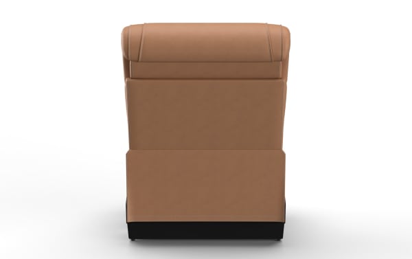 Brown leather recliner chair back view with visible stitching and cushioned headrest, showcasing modern comfort and style.