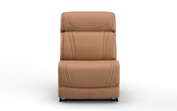 Modern tan leather recliner chair with detailed stitching, cushioned backrest, and padded seat, designed for comfort and style.