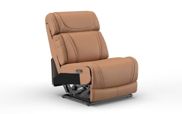 Brown leather reclining chair with cushioned headrest and armrest, featuring visible stitching and metal reclining mechanism.