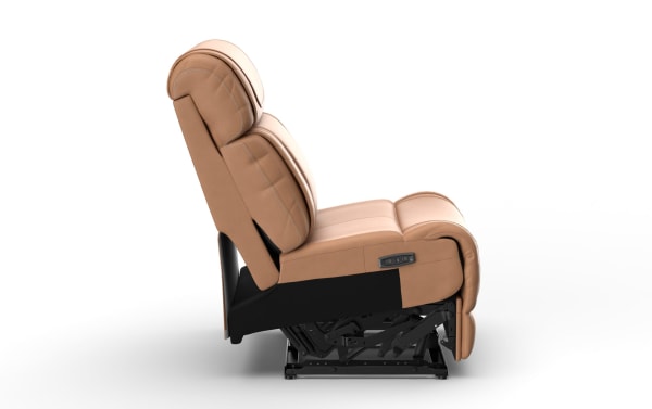 Tan leather power recliner chair with cushioned headrest and armrest, featuring visible reclining mechanism and side control buttons.