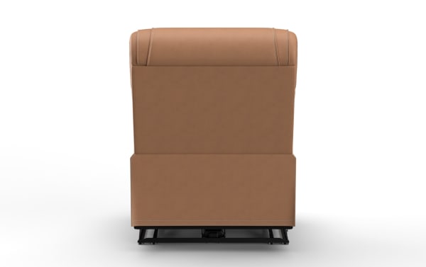 Brown leather recliner chair shown from the back, featuring smooth upholstery, visible stitching, and a black metal reclining mechanism base.