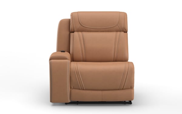 Modern tan leather recliner chair with padded armrest and detailed stitching, designed for home theater or living room comfort.