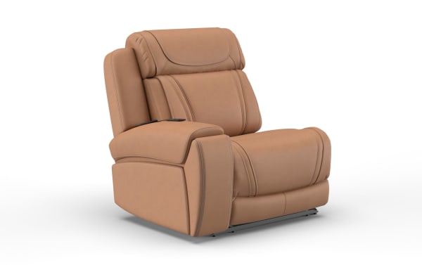 Tan leather recliner chair with cushioned armrests, detailed stitching, and a built-in remote control, designed for comfort and relaxation.