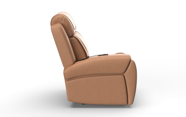 Brown leather recliner chair with cushioned headrest and armrests, featuring visible stitching and ergonomic design for comfort.