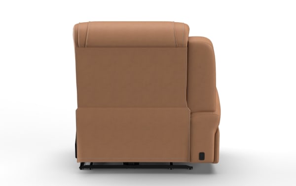 Brown leather recliner chair shown from the back, featuring visible stitching and a power control panel on the right side.