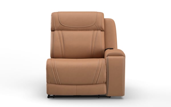 Modern tan leather recliner chair with detailed stitching, cushioned armrest, and ergonomic back support, ideal for home theater seating.