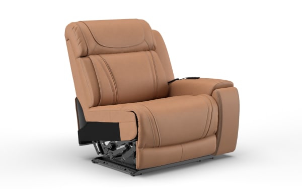 Tan leather power recliner chair with cushioned armrests and visible metal reclining mechanism, designed for comfort and support.