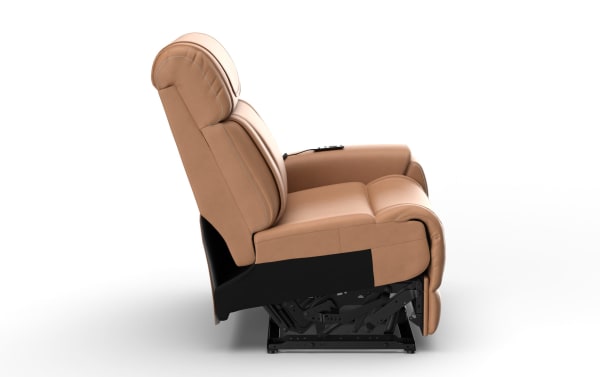 Tan leather reclining chair with cushioned armrests, adjustable footrest, and visible black metal reclining mechanism.