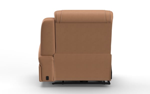 Brown leather recliner chair shown from the back, featuring visible stitching and a USB charging port on the side panel.