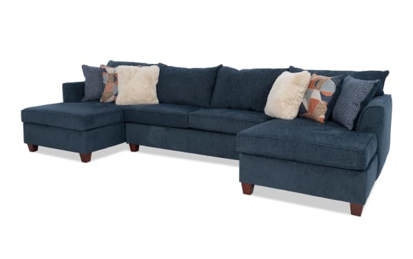 Brynn Navy 142'' 3 Piece Dual Chaise Sectional in soft navy polyester fabric with Bob-O-Pedic Memory Foam cushions, transitional style, and assorted accent pillows.
