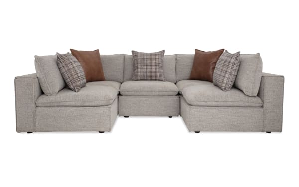 Infinity Gray 117'' 5-piece modular sectional in gray polyester fabric with 3 armless chairs, 2 corners, transitional style, feather-blend pillows, and sturdy Siberian pine frame.