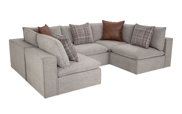 Infinity Gray 117'' 5 Piece Modular Sectional with 3 armless chairs and 2 corners, transitional style gray polyester fabric upholstery, Bob-O-Pedic® seats, feather blend pillows, and sturdy Siberian pine frame.