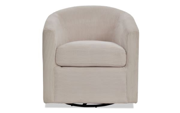 Aspen Beige Swivel Chair in soft beige polyester fabric with plush ribbed upholstery, transitional style, and cushioned memory foam seat.