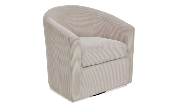 Beige Aspen Swivel Chair with plush polyester fabric upholstery, cushioned seat, and curved transitional design for comfortable lounging.