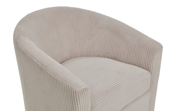 Aspen Beige Swivel Chair with plush beige polyester upholstery, transitional style, ribbed texture, and cushioned seat for cozy lounging.