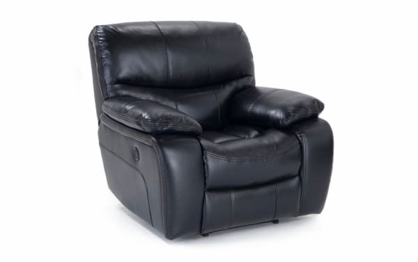 Avenger Black Power Recliner with USB Port in black faux leather upholstery, transitional style, memory foam cushions, and power control.