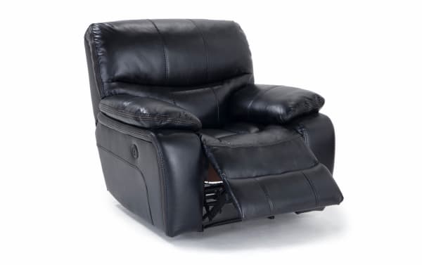 Avenger Black Power Recliner in transitional style with black faux leather upholstery, memory foam cushions, and built-in USB port for charging.