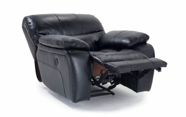 Avenger Black Power Recliner in transitional style with black faux leather upholstery, memory foam cushions, and built-in USB port.