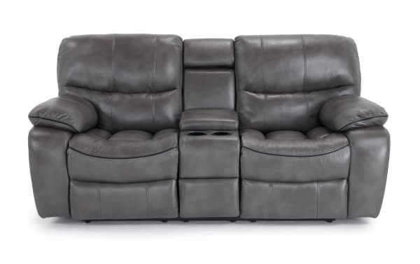 Avenger Gray 78'' power reclining console loveseat in gray faux leather with memory foam cushions, cup holders, USB port, and hidden storage.