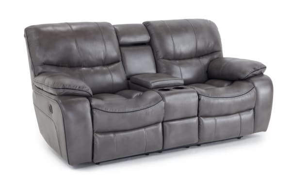 Avenger Gray 78'' Power Reclining Console Loveseat in gray faux leather with memory foam cushions, USB port, cup holders, lift-top storage, and reading light.