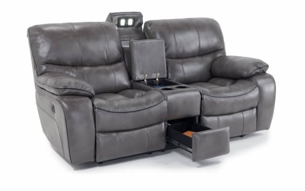 Avenger Gray 78" power reclining console loveseat in transitional style with gray faux leather upholstery, memory foam cushions, USB port, cup holders, reading light, and hidden storage drawer.