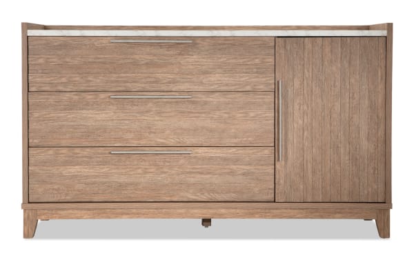 Solitude Light Brown 3 Drawer Dresser with engineered wood grain, MDF, faux marble top, and metal hardware in contemporary style from Solitude Bedroom collection.
