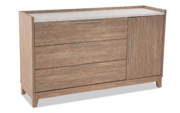 Solitude Light Brown 3 Drawer Dresser from Solitude Bedroom collection, featuring engineered wood grain, MDF, faux marble top, and sleek metal handles in a contemporary style.