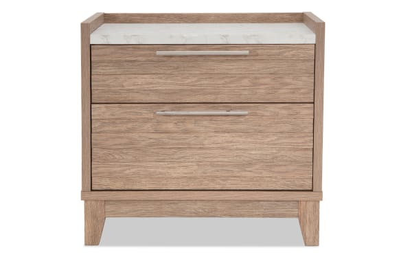 Solitude Light Brown 2 Drawer Nightstand in contemporary style with engineered wood grain, faux marble top, and metal handles.