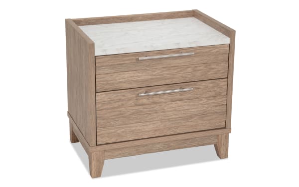 Solitude Light Brown 2 Drawer Nightstand with faux marble top, engineered wood grain finish, metal handles, and contemporary style from Solitude Bedroom collection.