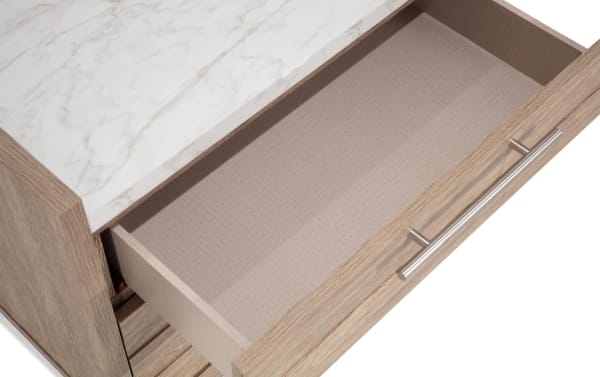 Solitude Light Brown 2 Drawer Nightstand with faux marble top, engineered wood grain, smooth glides, and sleek metal handles in contemporary style.