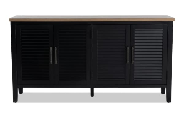 Sawyer Black 4 Door Cabinet in farmhouse style with black rubberwood, MDF, plywood frame and natural wood top, featuring adjustable shelves for versatile storage.