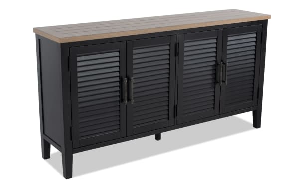 Sawyer Black 4 Door Cabinet in farmhouse style, made of rubberwood, MDF, and plywood with adjustable shelves and black louvered doors.