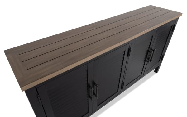 Sawyer Black 4 Door Cabinet in farmhouse style with black rubberwood, MDF, plywood frame, adjustable shelves, and wood plank top for versatile storage.