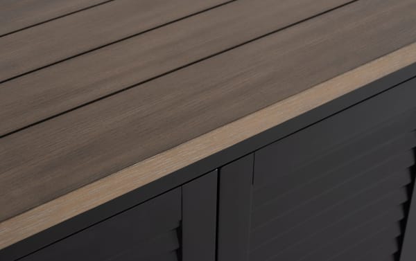 Sawyer Black 4 Door Cabinet in farmhouse style with black louvered MDF doors and a brown rubberwood top, featuring durable wood construction and adjustable shelves.