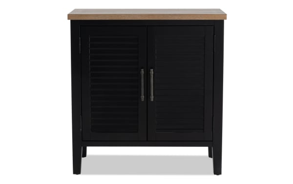 Sawyer Black 2 Door Cabinet in farmhouse style, made of rubberwood, MDF, and plywood, featuring adjustable shelves and black louvered doors with wood top.