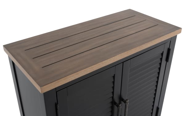 Sawyer Black 2 Door Cabinet in farmhouse style with black rubberwood frame, MDF and plywood top, featuring adjustable shelves and louvered doors.