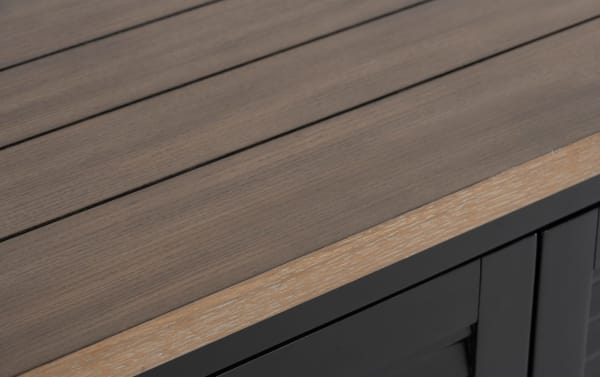 Sawyer Black 2 Door Cabinet with farmhouse style, featuring a wood rubberwood top with natural grain and black MDF and plywood doors, adjustable shelves.