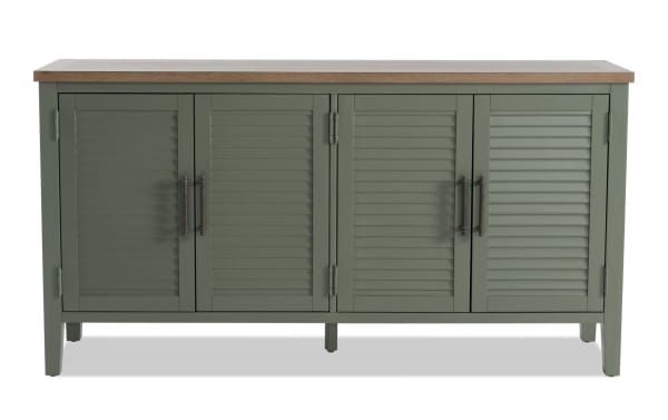 Sawyer Green 4 Door Cabinet in farmhouse style, made of rubberwood, MDF, and plywood with adjustable shelves, featuring green louvered doors and wood top.