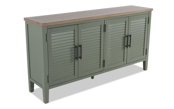 Sawyer Green 4 Door Cabinet in farmhouse style with green rubberwood frame, MDF, plywood, wood top, adjustable shelves, and slatted doors.