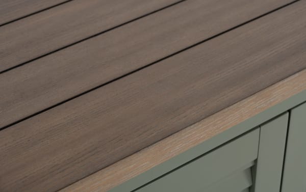 Sawyer Green 4 Door Cabinet in farmhouse style, featuring a wood top with natural grain and green painted rubberwood, MDF, and plywood body.