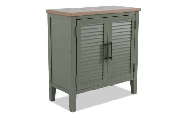 Sawyer Green 2 Door Cabinet in farmhouse style with rubberwood, MDF, and plywood construction, featuring green louvered doors and wood top.