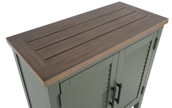 Sawyer Green 2 Door Cabinet in farmhouse style with green painted rubberwood, MDF, plywood construction, adjustable shelves, and slatted wood top.