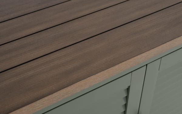 Sawyer Green 2 Door Cabinet in farmhouse style with green MDF doors and wood rubberwood top, featuring adjustable shelves and wood grain texture.