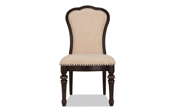 Regency Beige Upholstered Dining Chair with traditional dark wood frame, beige polyester fabric, nailhead trim, and cushioned Bob-O-Pedic Memory Foam seat.
