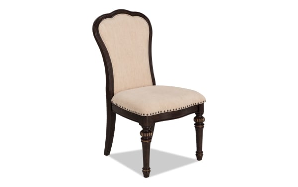 Regency Beige Upholstered Dining Chair with traditional dark wood frame, beige polyester fabric, nailhead trim, and memory foam seat from Regency Dining collection.
