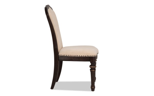 Regency Beige Upholstered Dining Chair with traditional dark wood frame, nailhead trim, and cushioned polyester fabric seat from Regency Dining collection.