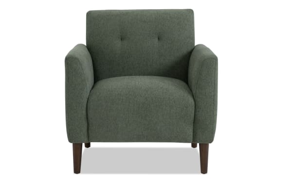 Maxwell Green Accent Chair in green polyester fabric with button tufting, track arms, and wooden legs, featuring Bob-O-Pedic memory foam.