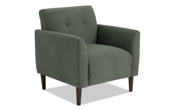 Maxwell Green Accent Chair in green polyester fabric with button tufting, track arms, and tapered wood legs, featuring Bob-O-Pedic memory foam.