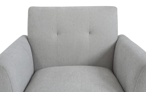 Maxwell Gray Accent Chair in gray polyester fabric with button tufting and flair track arms, featuring transitional style and memory foam comfort.