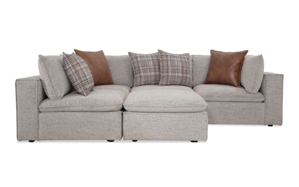 Infinity Gray 117'' 5-piece modular sectional in transitional style with gray polyester fabric, Siberian pine frame, and Bob-O-Pedic® seats.